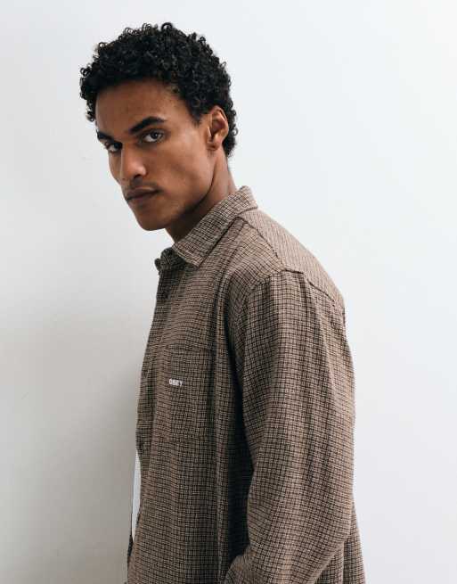Obey bigwig dash checked long sleeve shirt in brown multi, 4 of 5