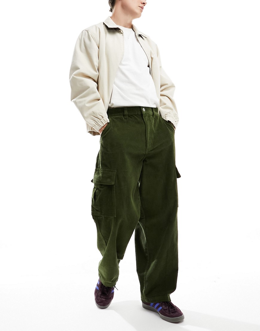 obey - bigwig - pantaloni cargo ampi verdi in velluto a coste-verde