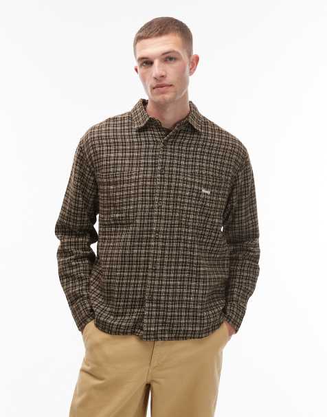 Obey bigwig rick oversized flannel long sleeve shirt in brown and black