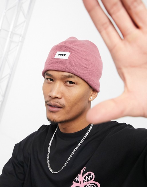 Obey bold label organic beanie in pink