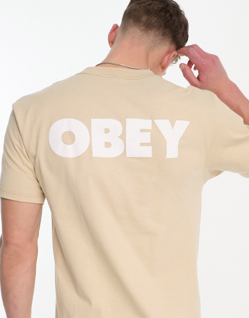 Obey bold logo backprint t-shirt in beige-Neutral