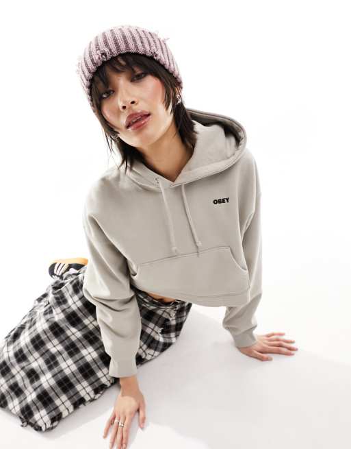 Obey bold logo cropped hoodie in beige