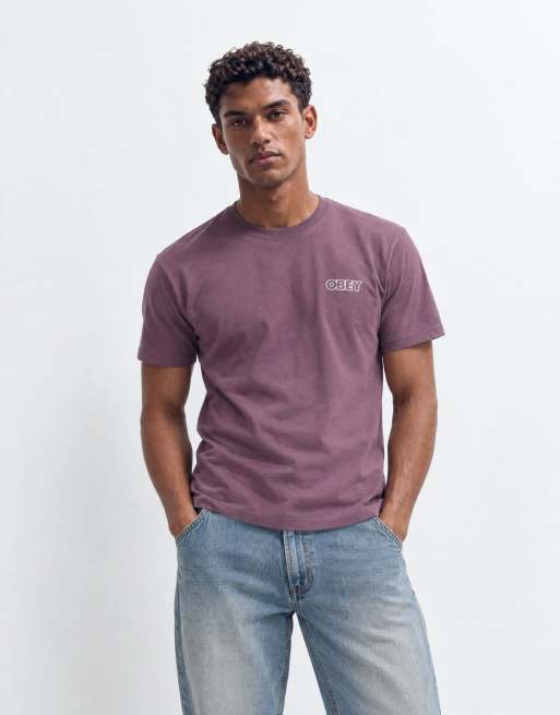 Obey bold outline logo back graphic t-shirt in plum purple, 10 of 10