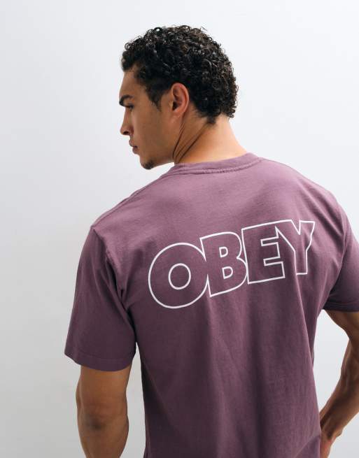 Obey bold outline logo back graphic t-shirt in plum purple, 2 of 10