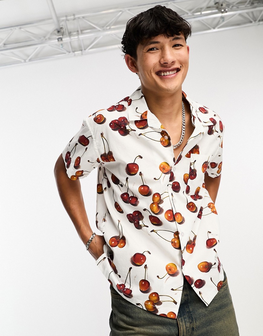 Obey bombed cherry print shirt in white