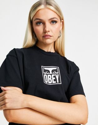 Obey boxy crop top with front logo in washed black