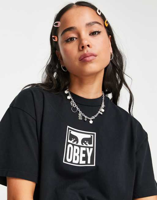 Obey boxy crop top with front logo in washed black