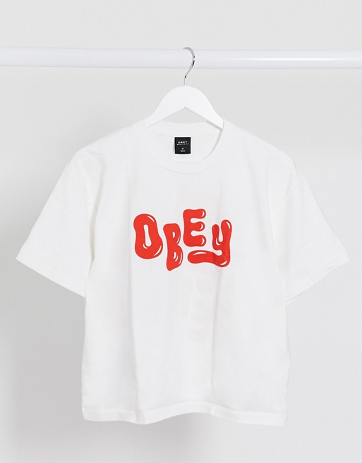 Obey boxy cropped t-shirt with bubble font logo & back graphic