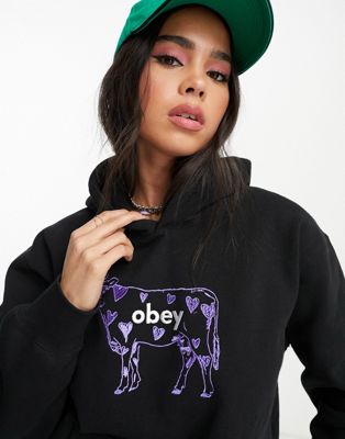 Obey boyfriend fit hoodie with logo cow embroidery