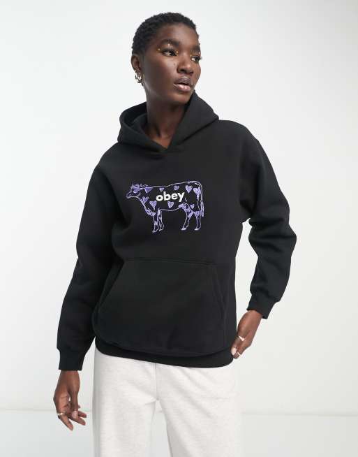 Obey boyfriend fit hoodie with logo cow embroidery