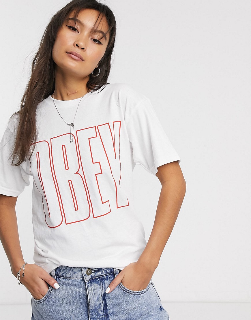 Obey boyfriend t-shirt with oversized front logo-White