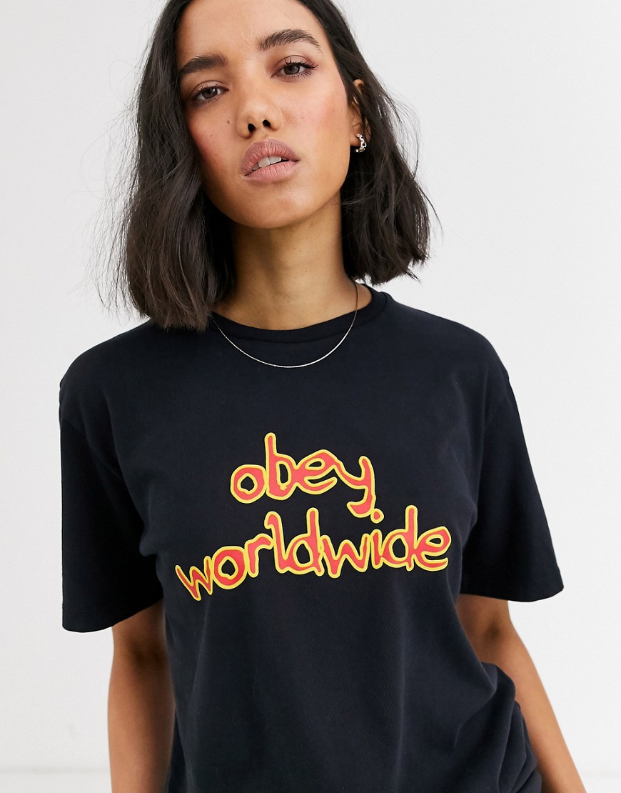 Obey boyfriend t-shirt with retro logo-Black