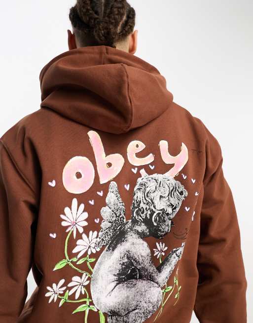Obey – Brązowa bluza z kapturem z nadrukiem na plecach