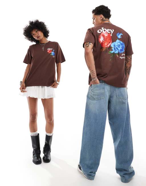 Obey – Brun, textilfärgad t-shirt i unisex-modell med rostryck