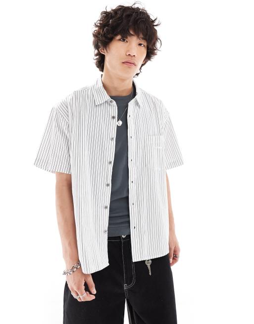Obey - Camicia a maniche corte blu a righe in filato tinto