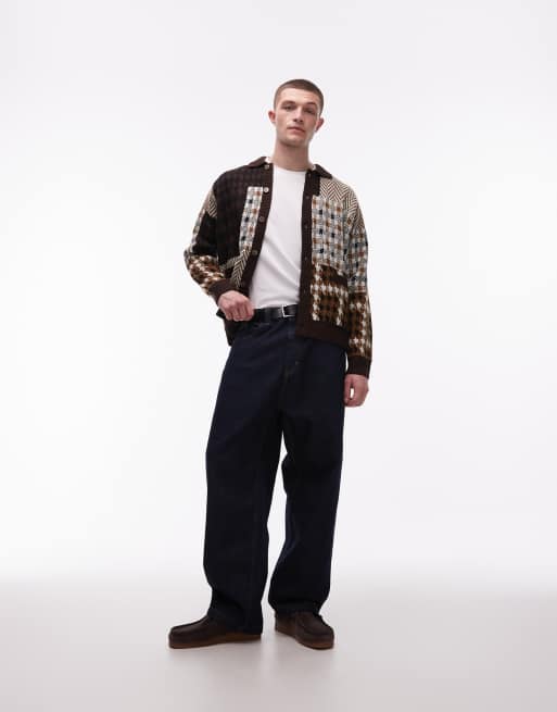 Obey - Cardigan in maglia patchwork marrone e beige con bottoni, 2 di 5