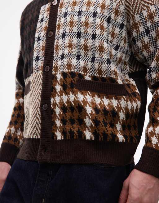 Obey - Cardigan in maglia patchwork marrone e beige con bottoni, 5 di 5