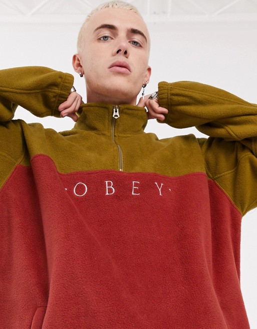 Obey Channel 1/4 fleece with embroidered logo in brown