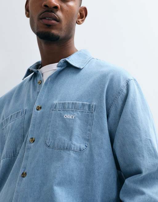 Obey charlie denim woven long sleeve shirt in lightwash blue, 3 of 5