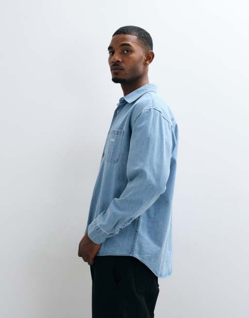 Obey charlie denim woven long sleeve shirt in lightwash blue, 4 of 5