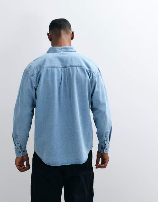 Obey charlie denim woven long sleeve shirt in lightwash blue, 5 of 5