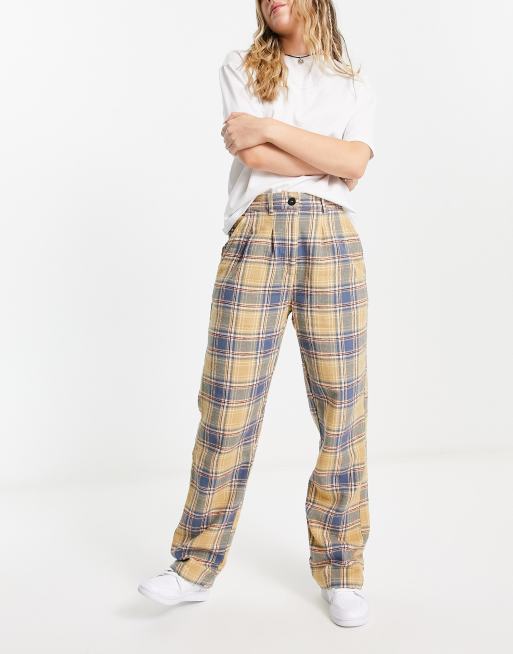 Stradivarius yellow tartan trousers on sale