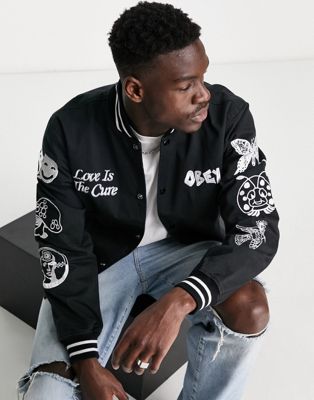 Obey cherub embroidered bomber jacket in black