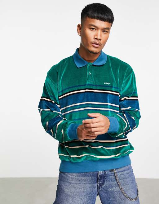 Obey Clifton velour long sleeve polo in green | ASOS