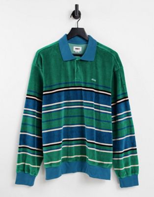 Obey clifton velour long sleeve polo in green