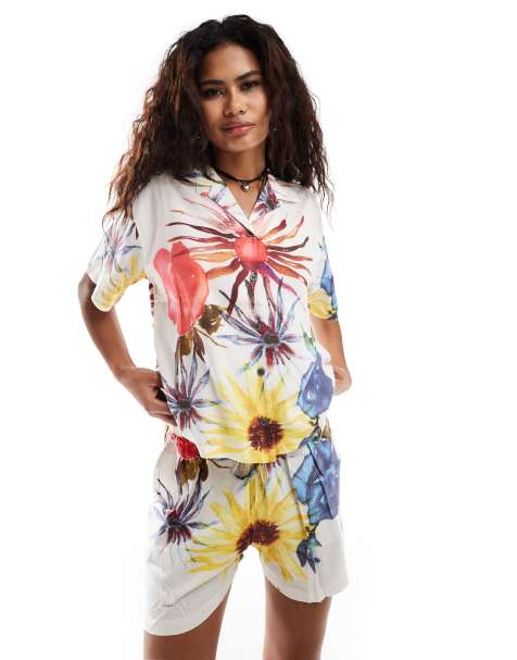 Obey co-ord print shirt in white mutli - view 1