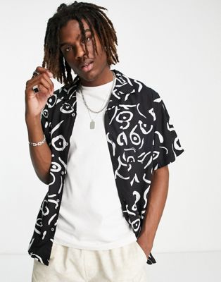 Obey co-ord scribbles short sleeve revere collared shirt in black and white