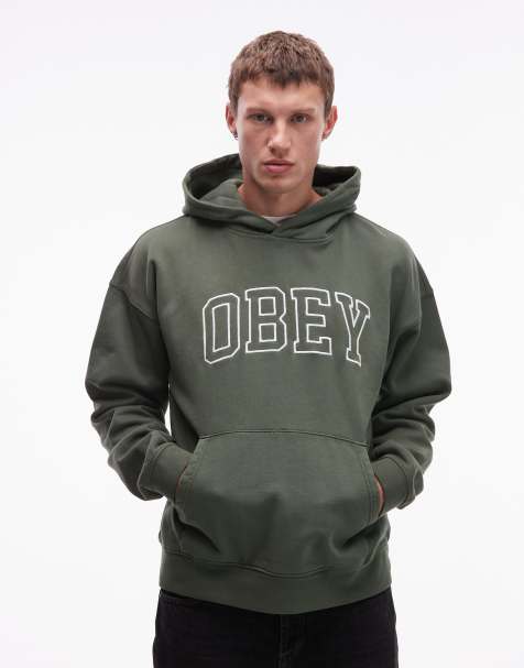 Obey collegiate faded pullover boxy hoodie in khaki green - view 1
