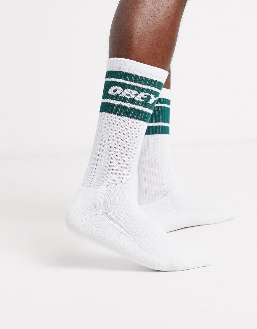 Obey Cooper II socks with green band in white