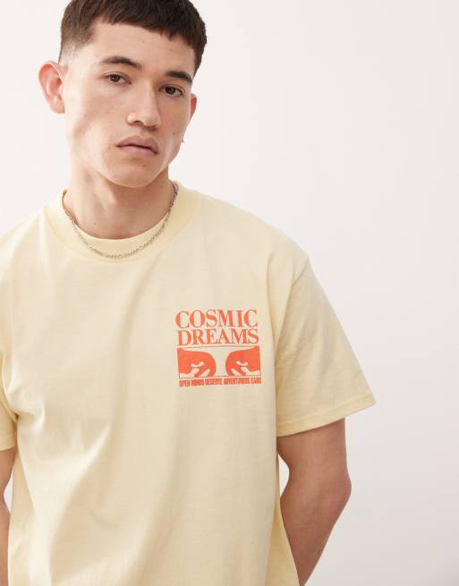 Obey cosmic dreams graphic logo t-shirt with back print in pale yellow, 3 of 4