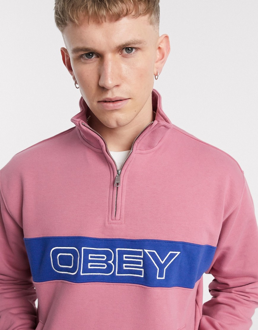Obey - Court - Felpa con logo e zip a 1/4 rosa