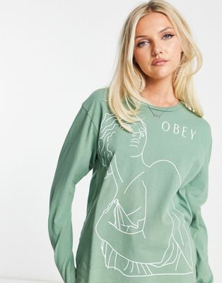 Obey covet printed long sleeve t-shirt in jade green