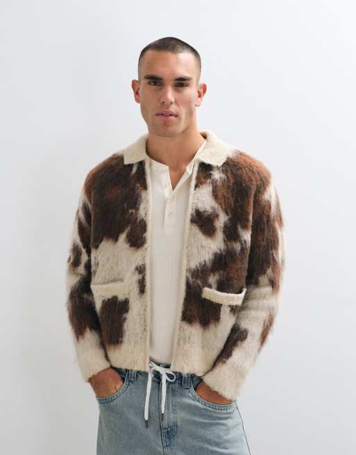 Obey cow print zip up knitted cardigan with collar in multi, 2 of 5