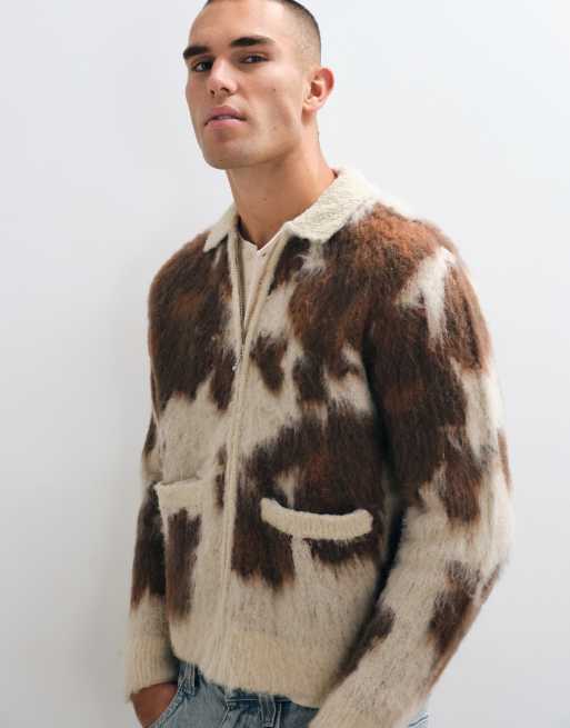 Obey cow print zip up knitted cardigan with collar in multi, 4 of 5
