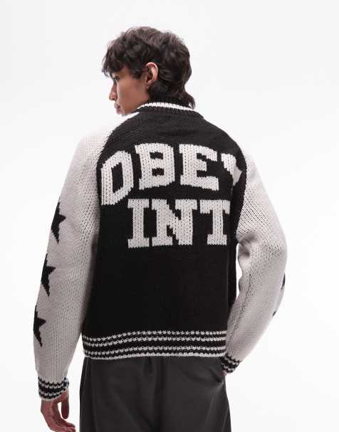 Obey cowichan knitted jacket with back print logo in black and white - view 1