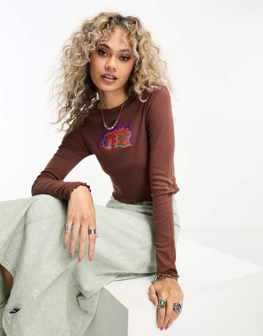 Obey - Crop top marrone con stampa stile graffiti con fiamma