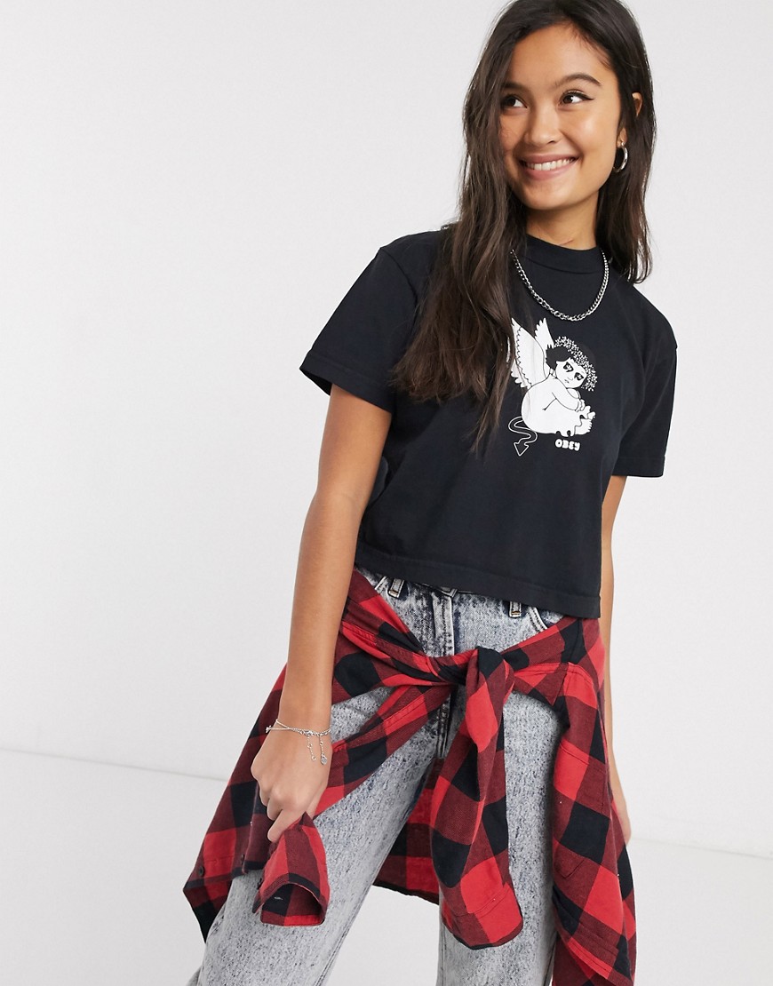 Obey cropped t-shirt with evil angel graphic-Black