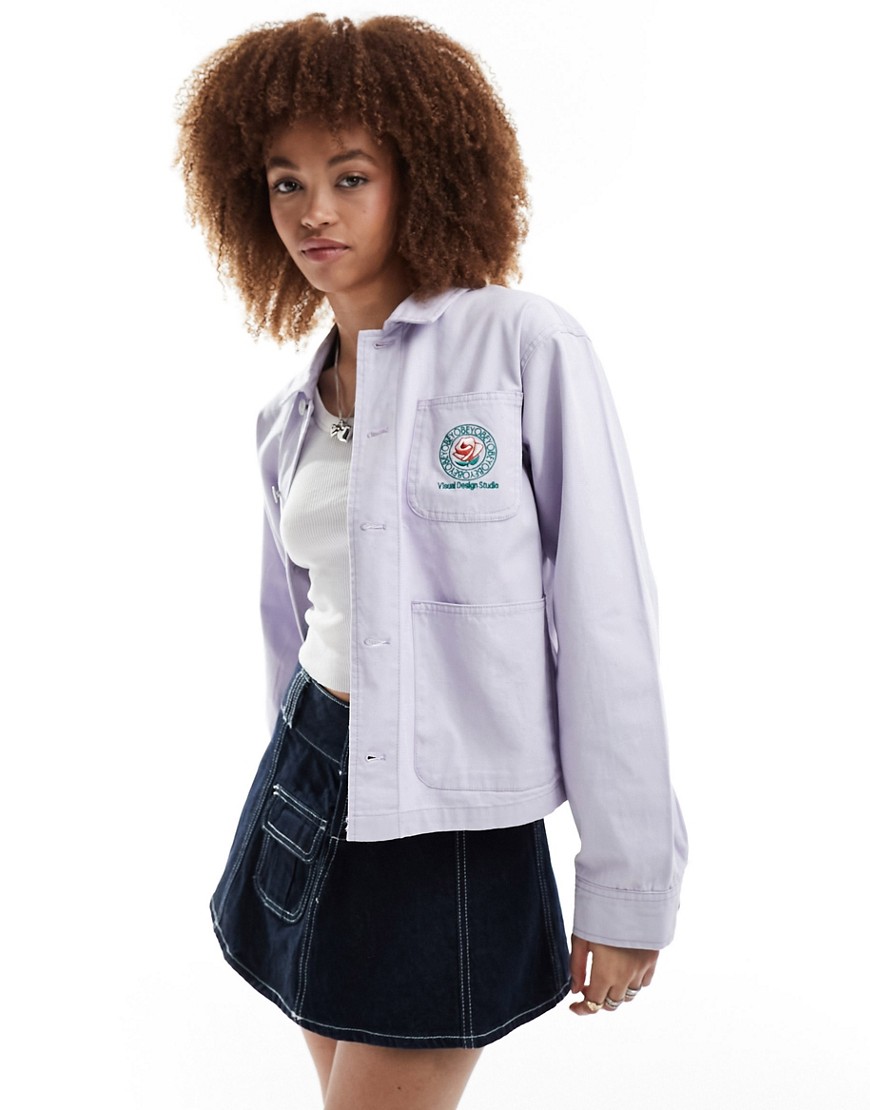 Obey cropped twill jacket with pockets in lilac-Purple