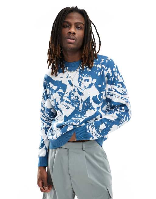 Obey – Crowd Surfer – Niebieski dzianinowy sweter w żakardowy wzór