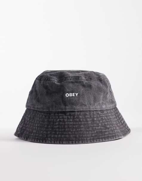 Obey – Czarny kapelusz typu bucket z barwionego diagonalu, z efektem sprania - view 1