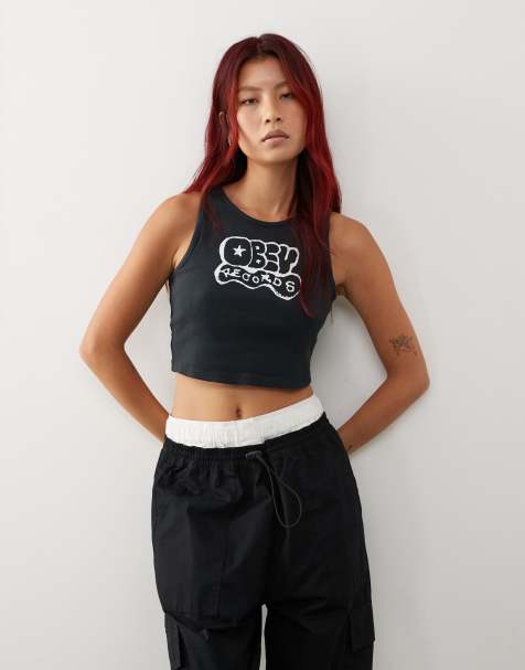 Obey records graphic crop top in black 