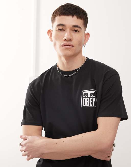 Obey – Czarny T-shirt z graficznym logo z oczami z przodu i z tyłu