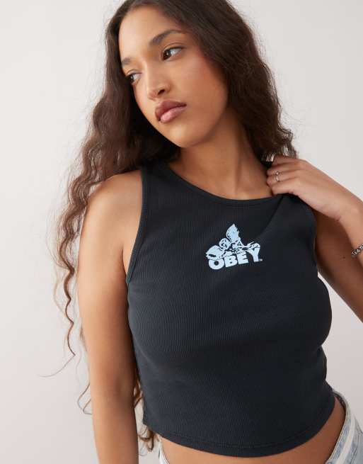 Obey – Czarny top bez rękawów z nadrukiem anioła z logo, 3 z 4