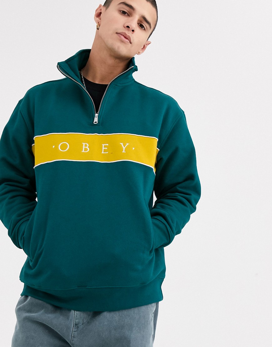 Obey - Deal - Blågrøn sweatshirt med kort lynlås og logopanel-Brun