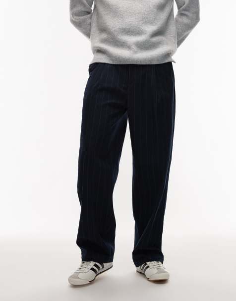 Obey dean stripe pleated wide leg trousers in navy - view 1