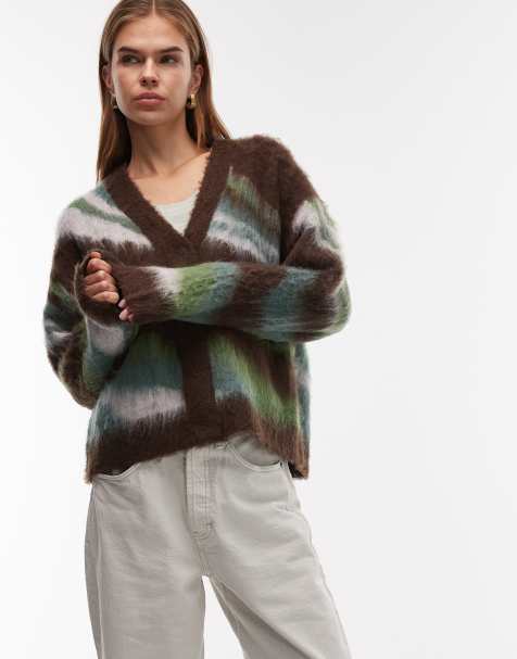 Obey delirium knitted cardigan in brown and green - view 1